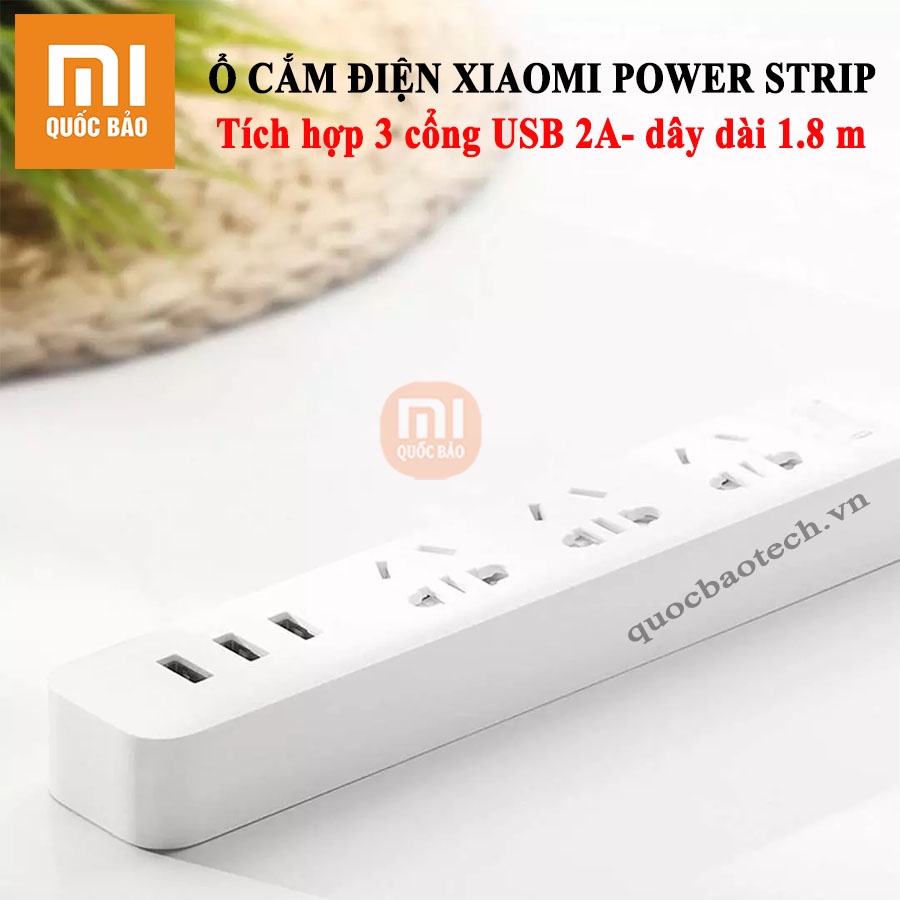 Ổ Cắm Điện Xiaomi Power Strip 3 cổng ra, tích hợp 3 cổng USB 2A, dây dài 1.8m