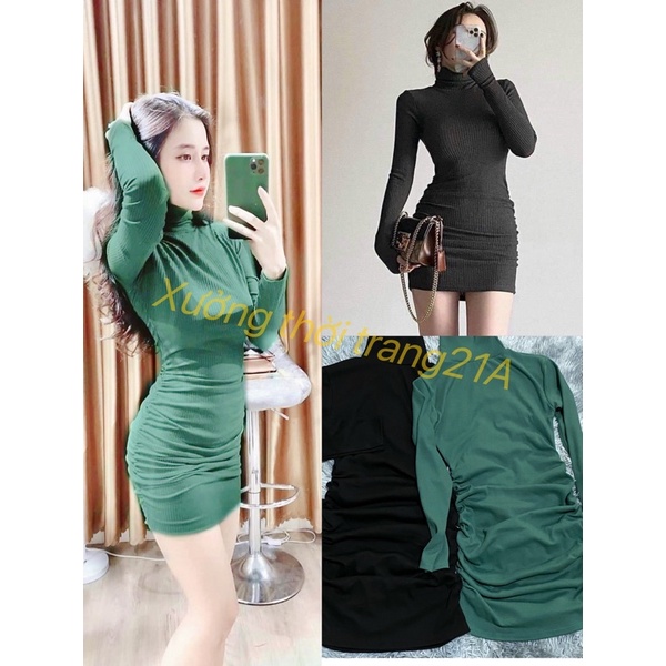 Đầm body cổ lọ ,đầm cổ lọ tay dài nhún sườn.Chất len tăm dày dặn,co giãn -xưởng thời trang 21A