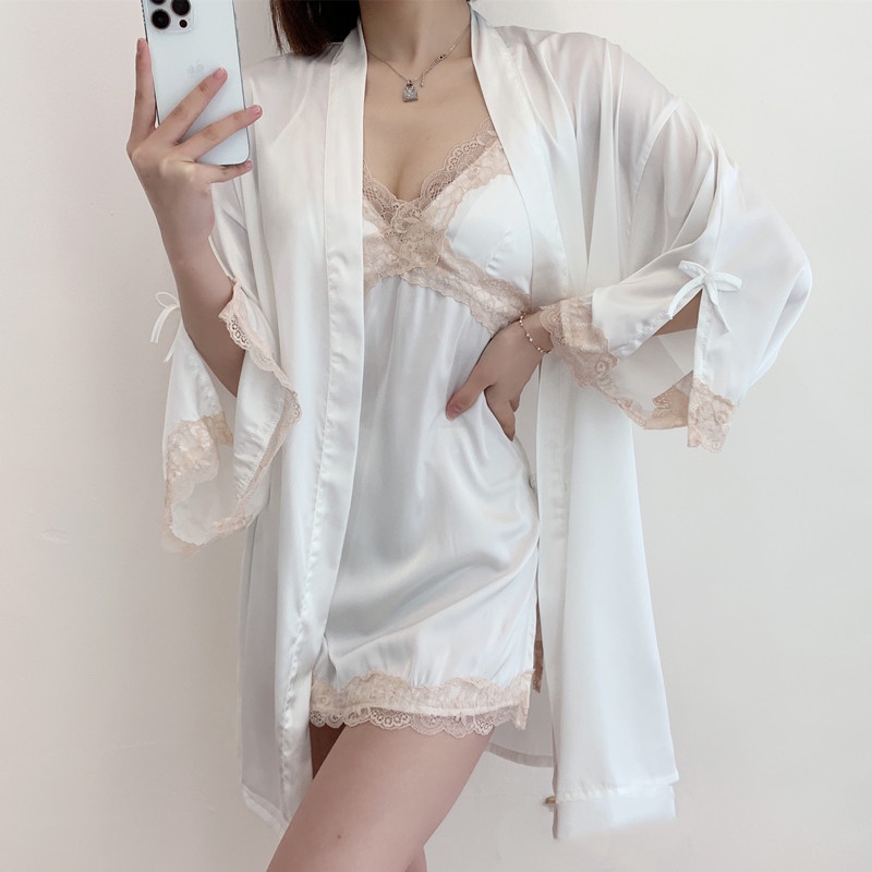 Đầm Ngủ Lụa Phối Ren Có Miếng Đệm Ngực Thiết Kế Quyến Rũ Cho Nữ