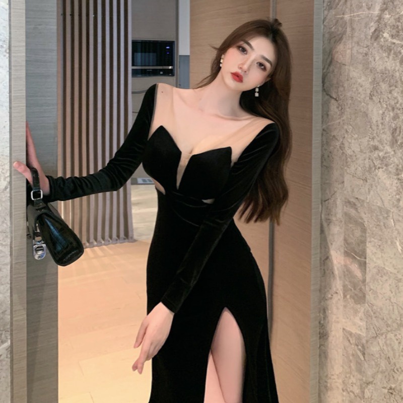 Spring New elegant socialite V-neck stitching mesh slim sheath split party dress women's long sleeve dress XKGV
