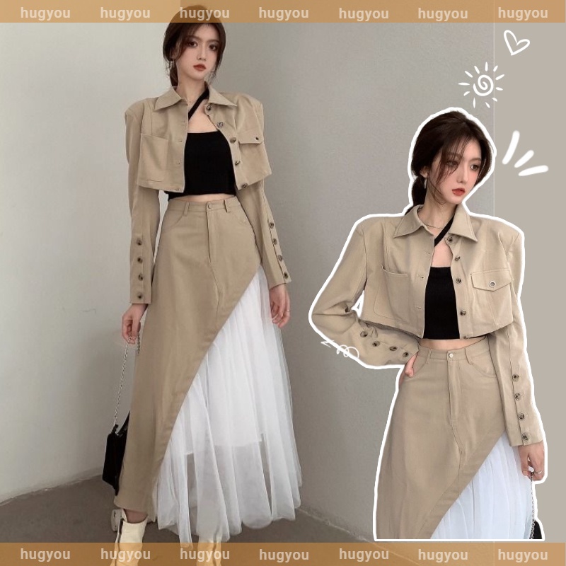 Set Áo Khoác Vest Dáng Ngắn Phối Chân Váy Lưng Cao Thời Trang Trẻ Trung Cho Nữ