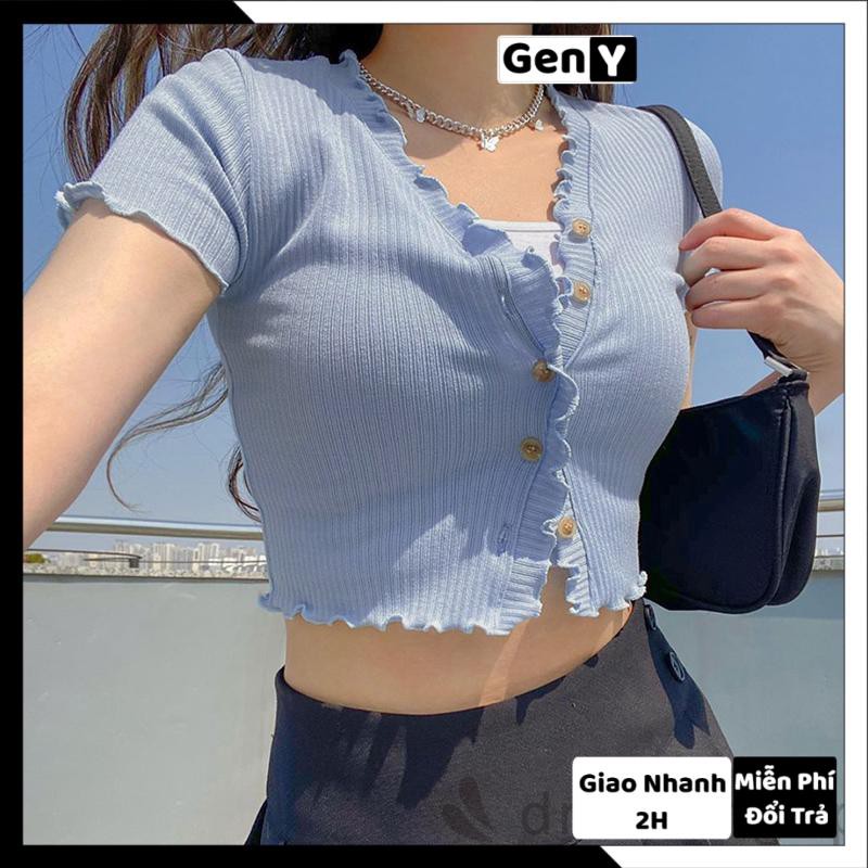 Áo Croptop Nữ Ngắn Tay Cổ chữ V GenY - Áo Kiểu Nữ Ôm Nút Giả Nhiều Màu Chất Thun Gân Mềm Mịn CR-V2 | BigBuy360 - bigbuy360.vn