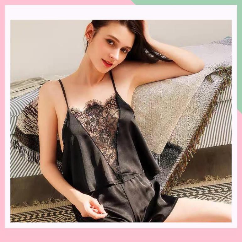 Đồ ngủ nữ lụa hai dây viền ren gợi cảm Màu đen huyền bí A | BigBuy360 - bigbuy360.vn