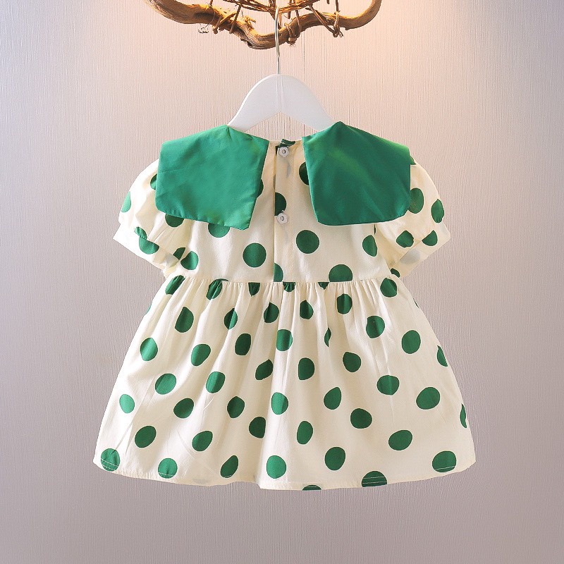 Váy bé gái chấm bi nơ cổ to 2 mầu xanh vàng XHN982