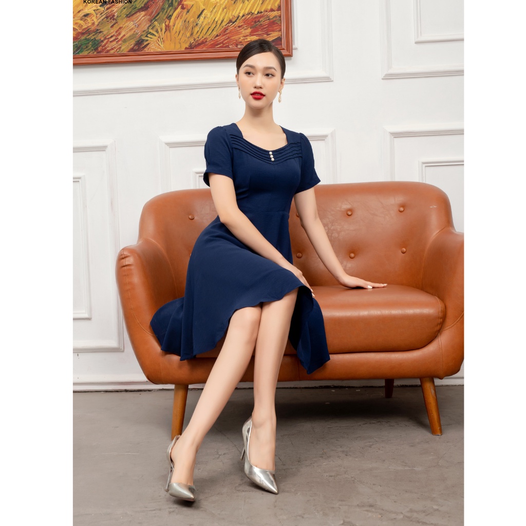 Váy Công Sở Dáng Xòe NK Fashion Thiết Kế Cổ Váy Đính Ngọc, Kiểu Dáng Basic Hiện Đại NKDV2104014