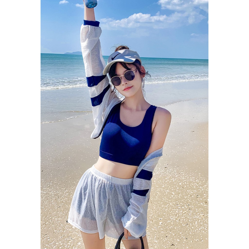 Bộ đồ bơi bikini nữ hai mảnh kèm áo ren tay dài đi tắm biển, đi tập yoga, tập gym