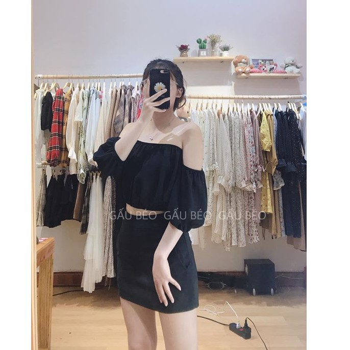 Áo croptop trễ vai đen vải voan mát Chân váy chữ A đen dáng ngắn bazic