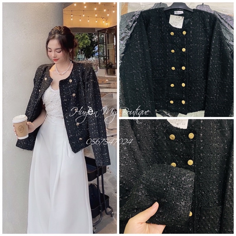 Áo dạ Tweed 2 lớp dạ kim tuyến cúc đồng Quảng Châu Cao Cấp