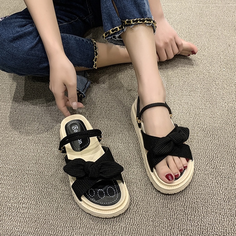 Tikp Hàng Mới~2022Cho Nữ Giày Sandal Roman Đế Dày Đính Nơ 3 Màu Size 35-40