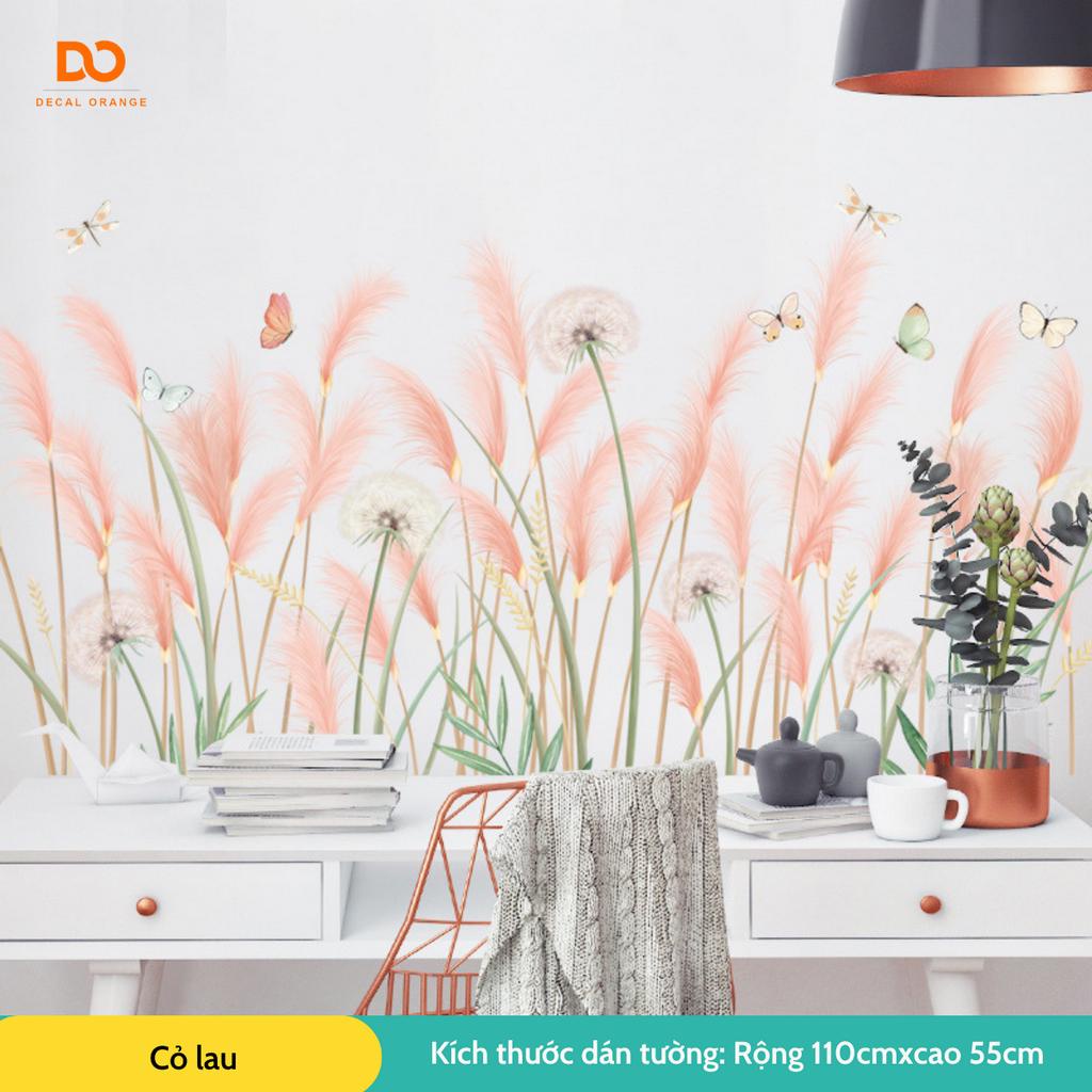 [decal dán tường cỏ lau hồng, Giấy dán tường hoa cỏ lau hồng trang trí phòng ngủ phòng khách,chân tường