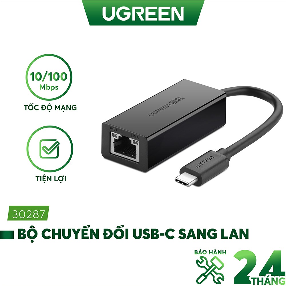 Bộ chuyển đổi USB Type C san LAN 10/100 Mbps Ethernet - dài 40CM - UGREEN 30287 (màu đen)