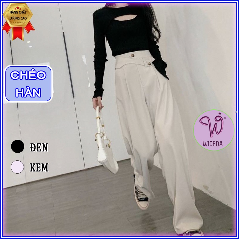 Quần ống suông nữ cạp cao ống rộng Wiceda , quần dài 2 màu đen kem cạp phối phong cách trẻ trung năng động mặc đi chơi .