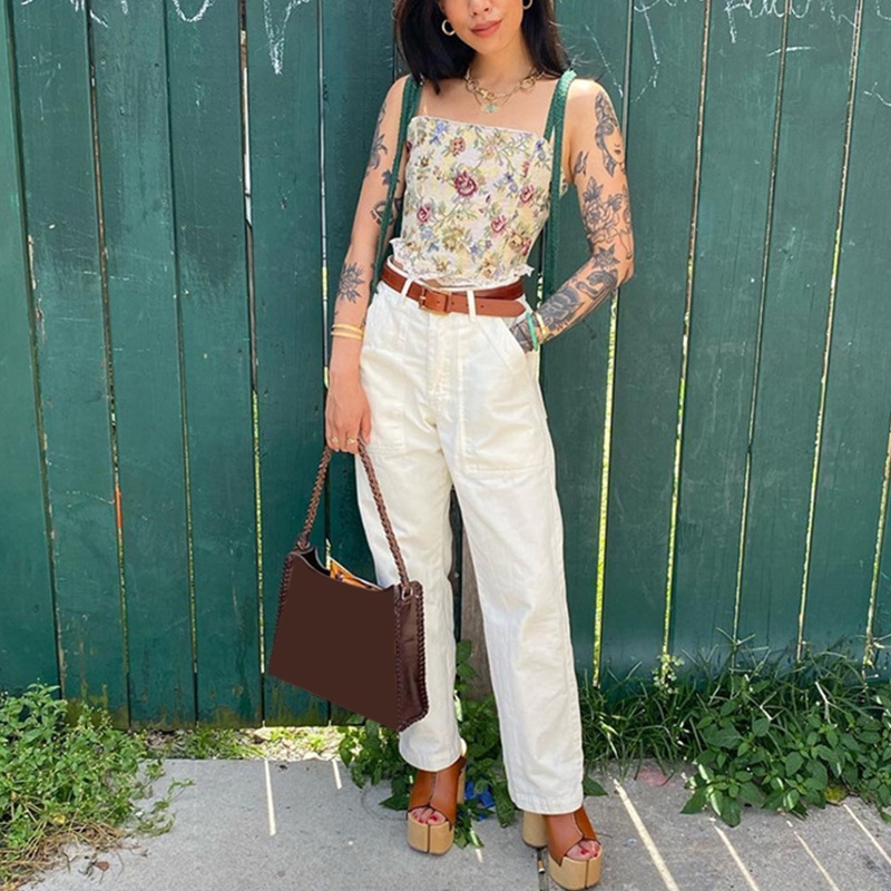 Áo Croptop Hai Dây Hở Lưng Họa Tiết Hoa Phong Cách Vintage Cho Nữ