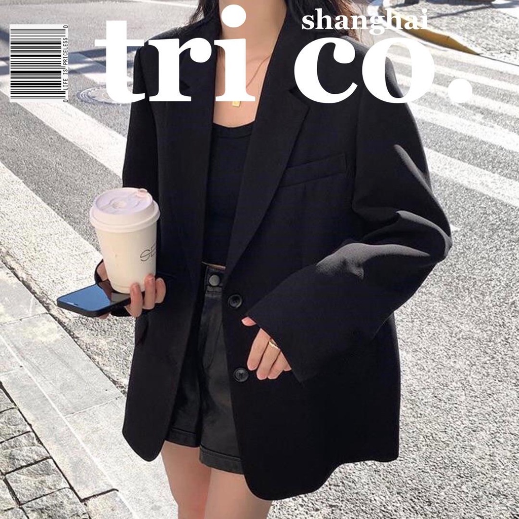 Áo khoác blazer dáng rộng quá cỡ màu đen phong cách Hàn Quốc thời trang xuân thu cao cấp dành cho nữ