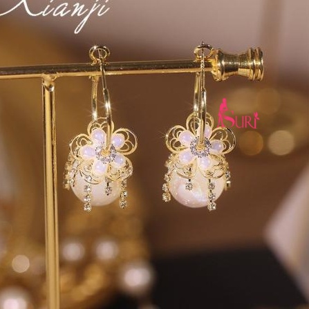 Bông tai nữ chuôi bạc 925 Suri Accessories khoen tròn hoa đá 5 cánh tua rua 1 hạt phụ kiện trang sức đẹp