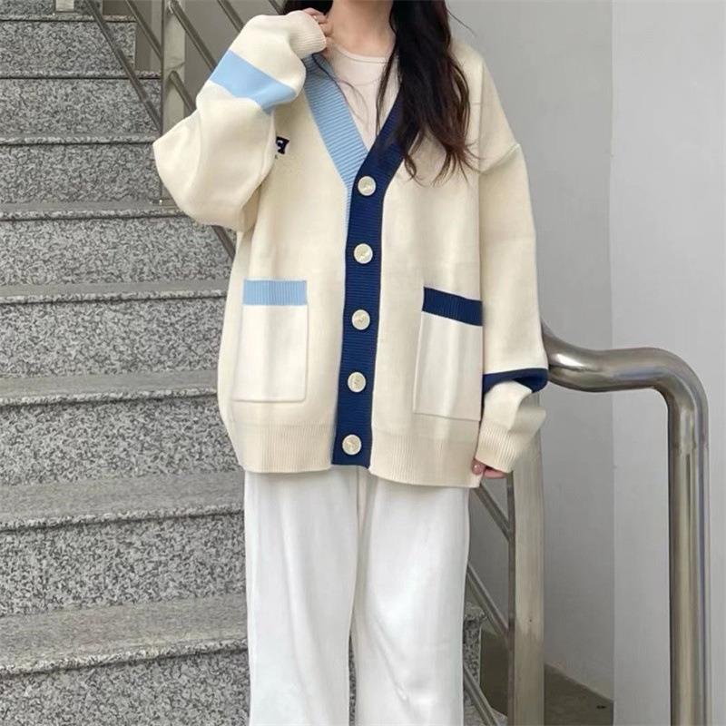 Áo Khoác Cardigan Dệt Kim Tay Dài Cổ Chữ V Dáng Rộng Thêu Chữ Phối Màu Thời Trang Vintage Dành Cho Nữ