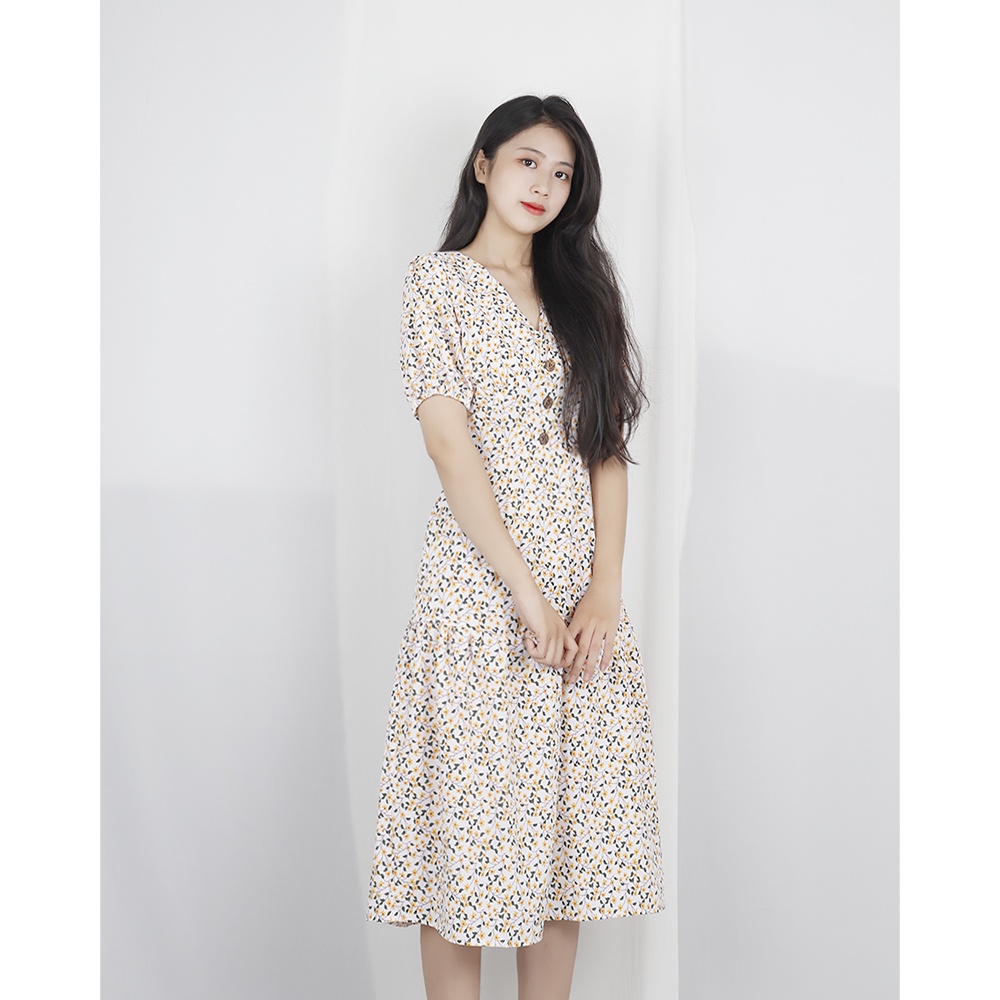 Đầm hoa nhí dáng dài tay phồng dễ thương RD018