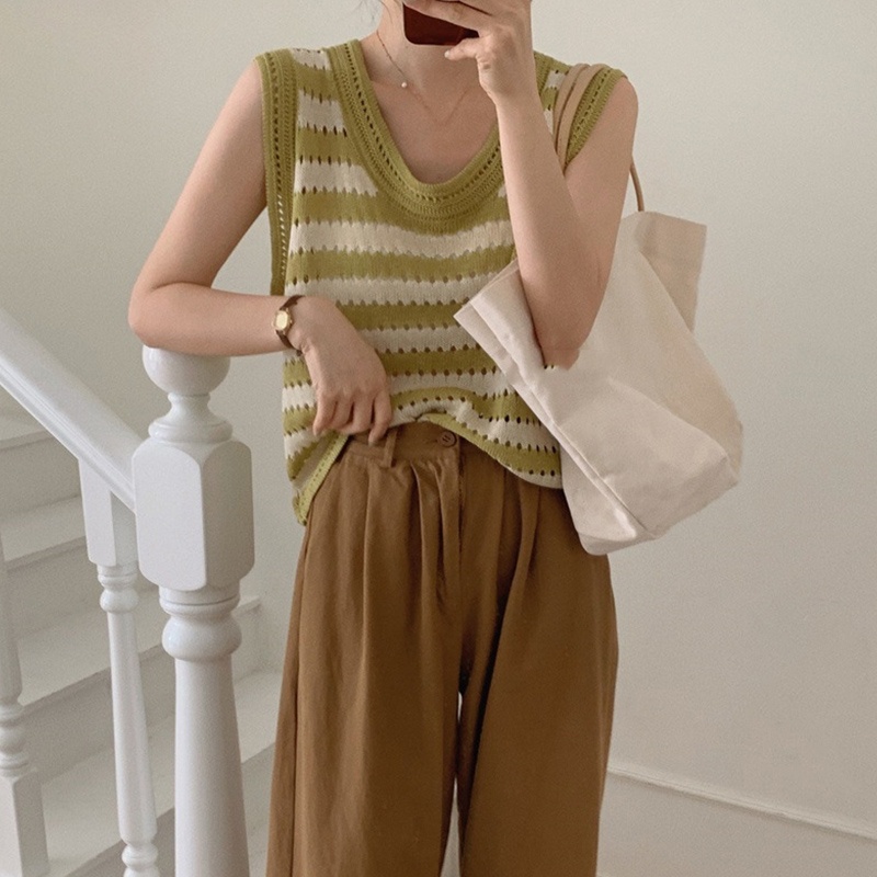 Áo Len Nữ Cộc Tay Cổ Tròn Sọc Ngang Thời Trang