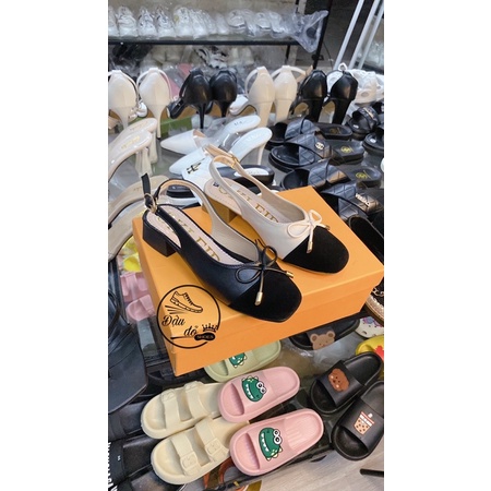 Giày sandanl cao gót nữ bít mũi gắn nơ đế vuông 3cm ảnh thật shop tự quay