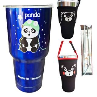 Combo ly giữ nhiệt hình gấu trúc 900ml (có túi, 2 ống hút,  1 cọ rửa)