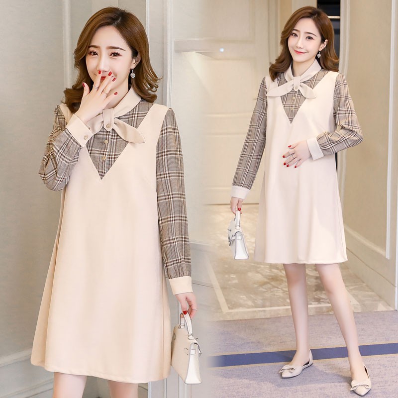 G185 Đầm bầu dáng suông cổ nơ phối tay kẻ caro