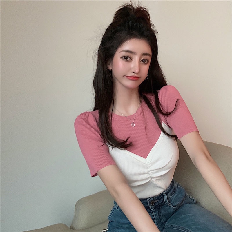 Áo Len Giả Hai Mảnh Tay Ngắn Phong Cách Thanh Lịch Thời Trang Mùa Hè Mới Cho Nữ