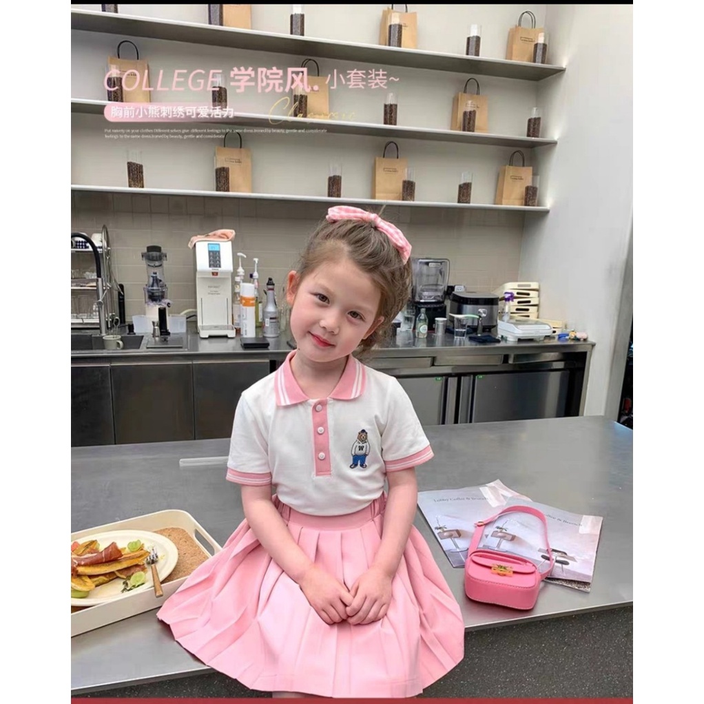 Đồng phục học sinh, váy cho bé gái, set áo polo kèm chân váy hồng xinh xắn cho bé size 12-32kg ( váy có lớp lót)