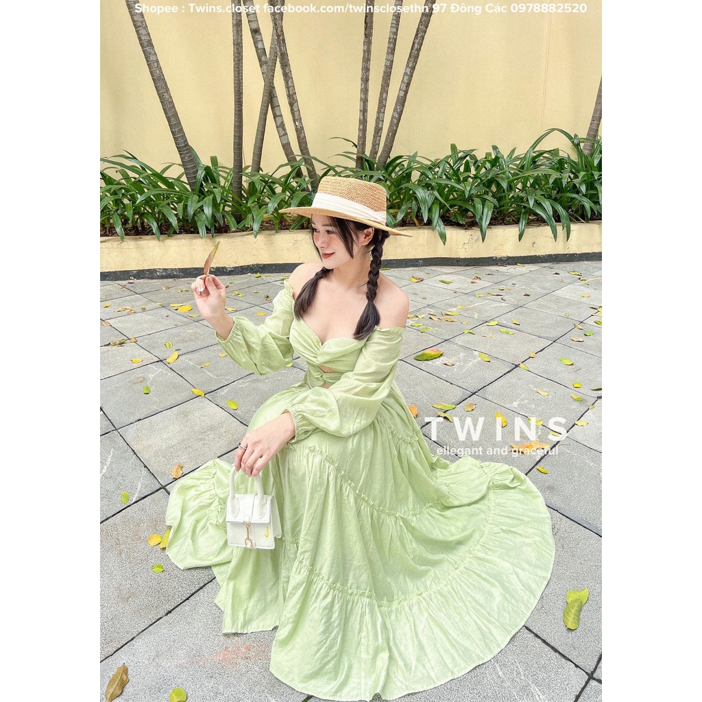 Đầm maxi cắt eo nhiều chi tiết ( Mayamie baby green maxi)