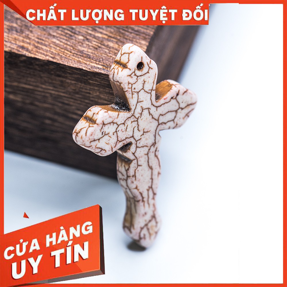Mặt dây chuyền thánh giá Turquoise xanh ngọc và trắng vân rạn