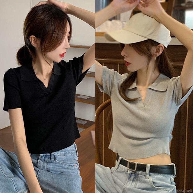 Áo Croptop Dệt Kim Tay Ngắn Cổ Chữ V Phong Cách Hàn Quốc | BigBuy360 - bigbuy360.vn