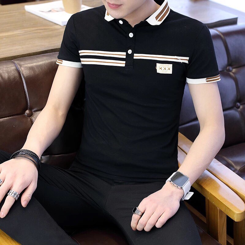 Áo thun nam cổ bẻ tay ngắn mẫu mới 4 màu sọc ngang xxx