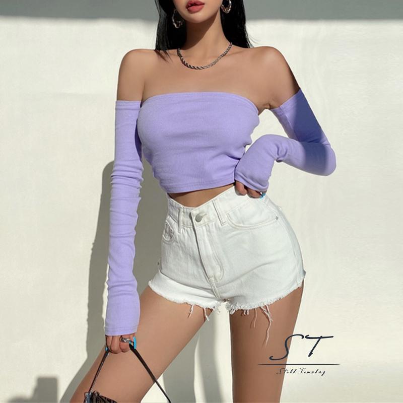 Áo croptop chui đầu tay dài cổ thuyền màu trơn màu trắng/xanh lá/tím thời trang mùa hè