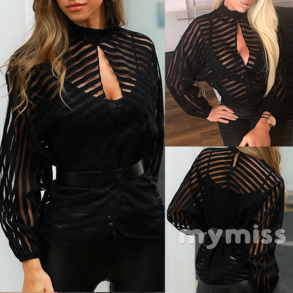 Ctcc-nữ Lưới Nhìn Xuyên Qua Kéo Dài Tay Sọc Mock Cổ Sheer Áo Sơ Mi Thời Trang