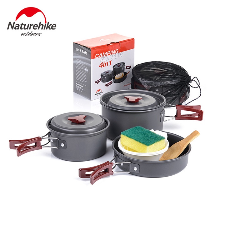 Bộ nồi dã ngoại Naturehike bằng hợp kim nhôm cao cấp nhỏ gọn, chống mài mòn dẫn nhiệt tốt.