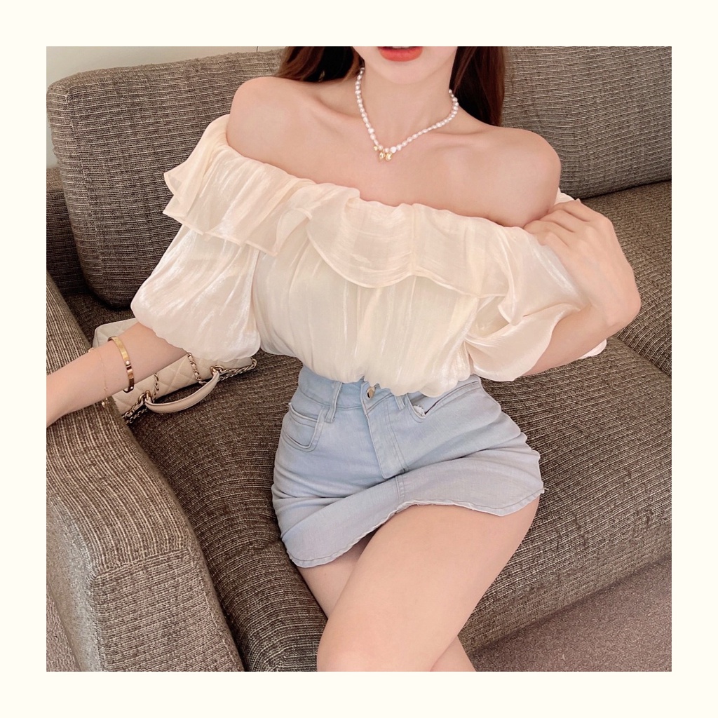 Áo chiffon Trễ Vai Tay Phồng Phong Cách Phương Tây