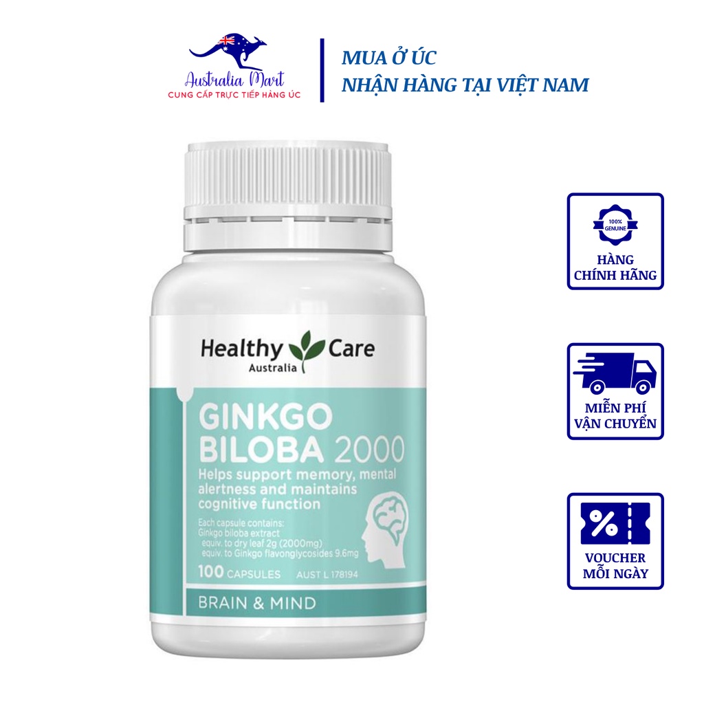 Viên Uống Bổ Não Healthy Care Ginkgo Biloba Úc 2000mg Hỗ Trợ Tăng Tuần Hoàn Máu Não, Cải Thiện Nhận Thức, Trí Nhớ 100 Vi