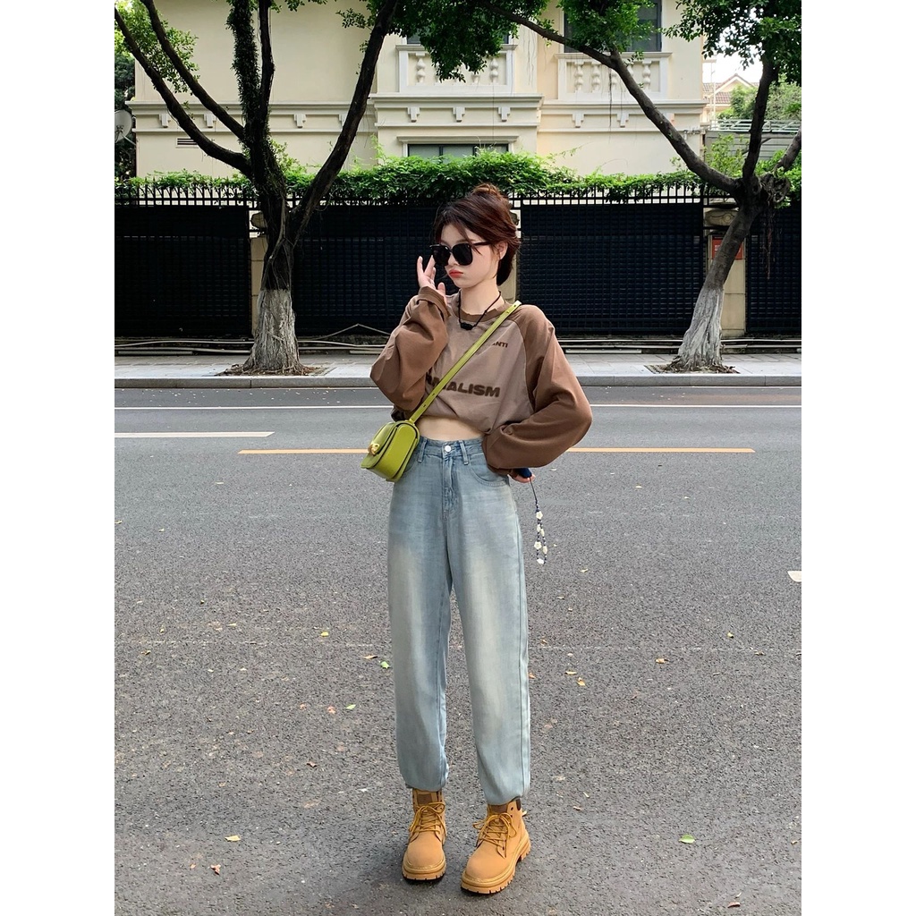 Áo Thun Nữ Tay Dài Dáng Rộng In Chữ Phong Cách retro Mỹ