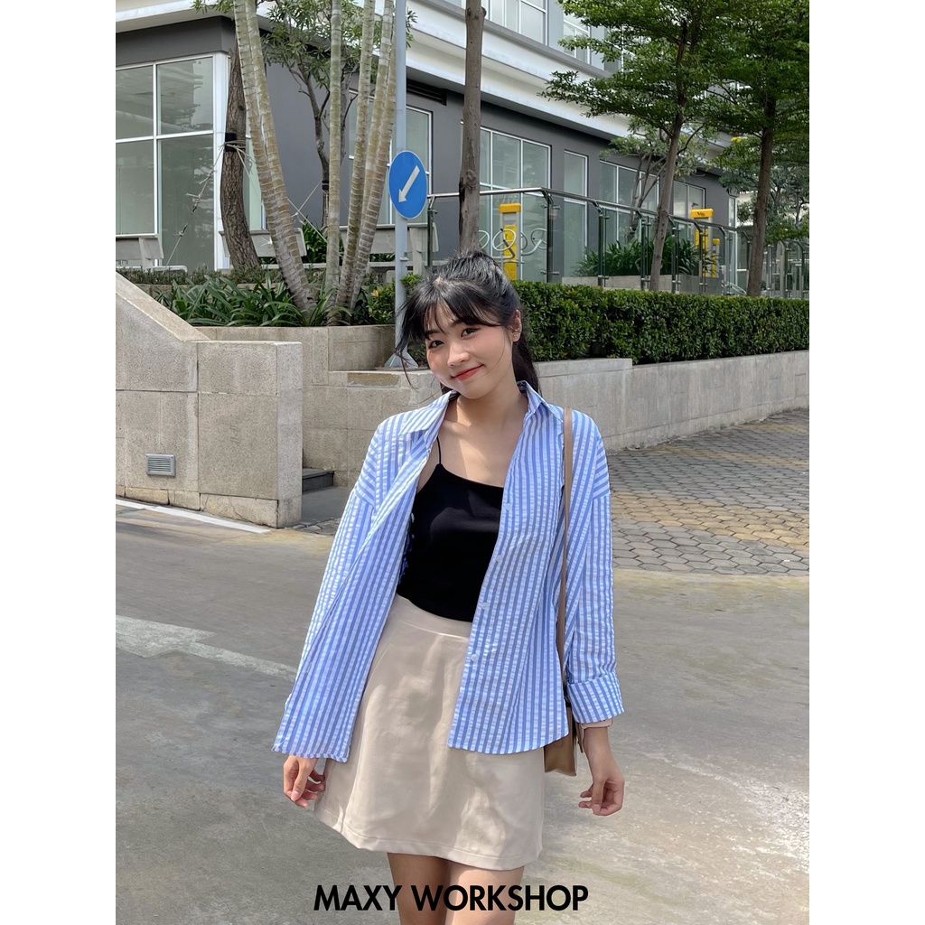 Áo sơ mi nữ tay dài sọc xanh trắng dáng rộng blue ocean shirt