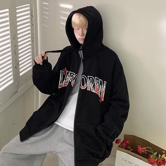 [ba màu]áo hoodie dáng rộng có khóa kéo in chữ thời trang dành cho nam áo hoodie form rộng hàn hiphop hoodie nam