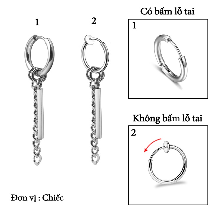 Bông tai inox thanh dài phối xích không gỉ
