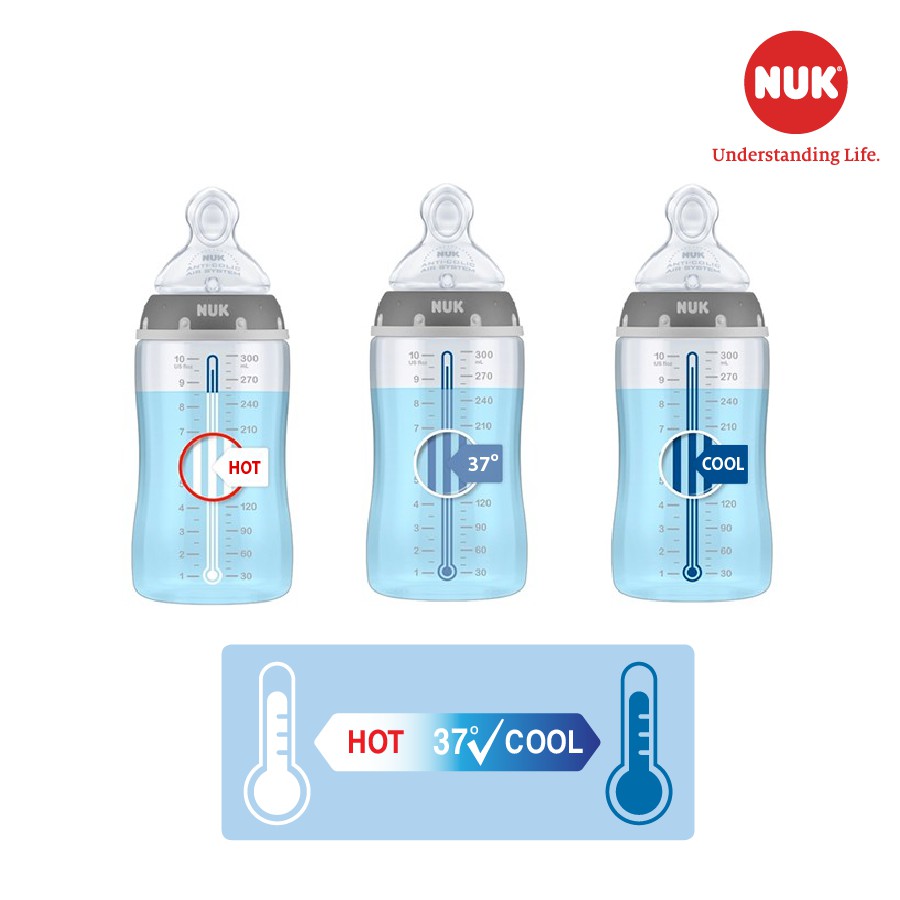 Bình sữa cảm biến nhiệt NUK nhựa PP cao cấp chuẩn EU núm ti silicone chỉnh nha 150ml, 300ml