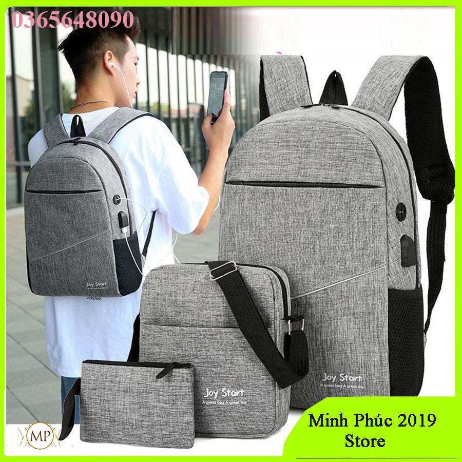 Balo + Túi đeo cheo + Túi cầm tay Set 3 món balo đựng laptop nam nữ có cổng sạc usb