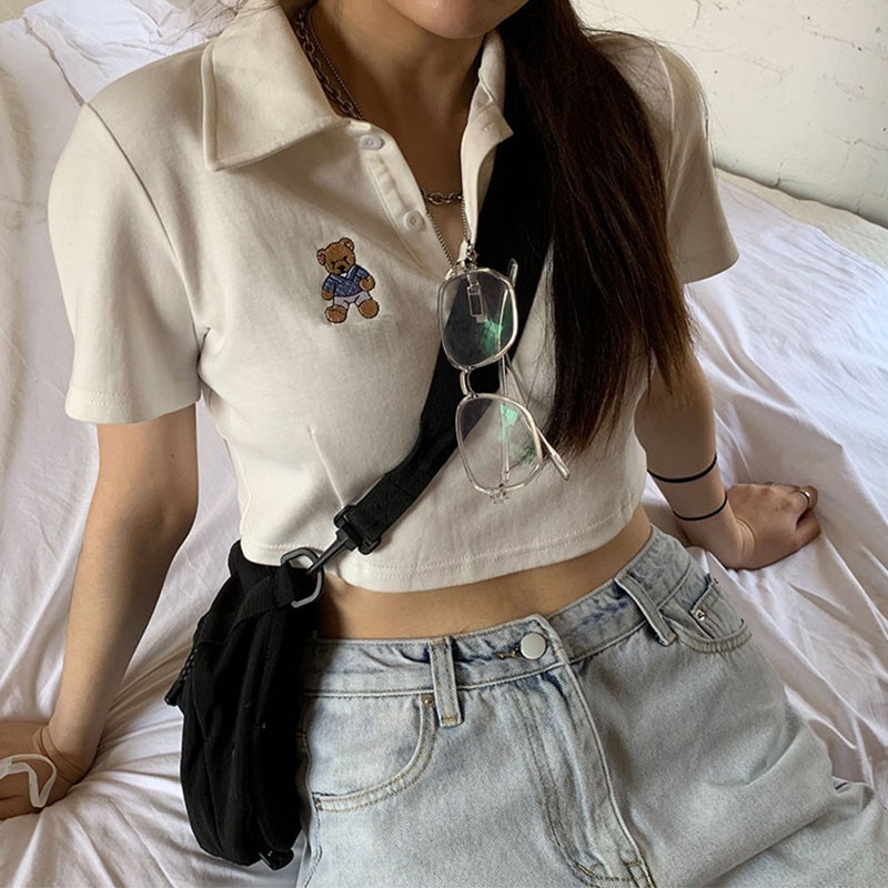 LEEVA - Áo croptop thun gấu nữ cổ polo cá tính A135