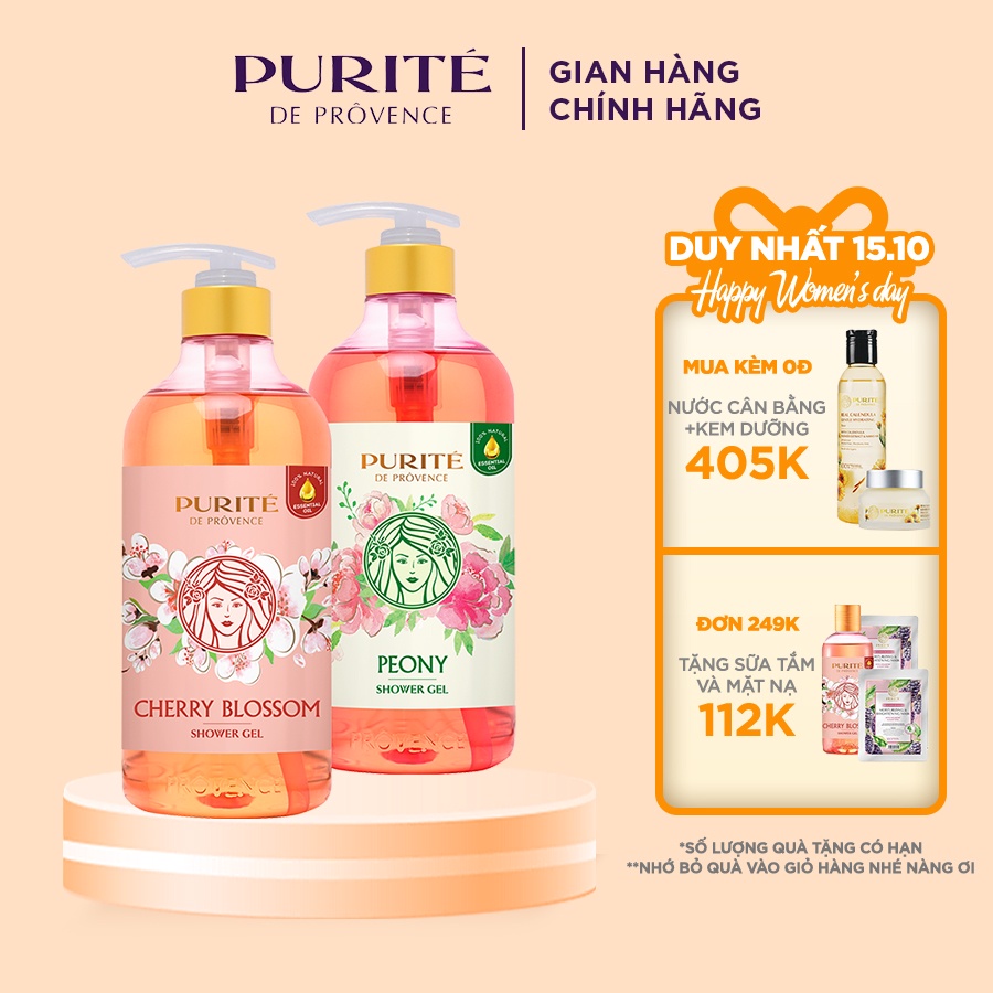 Combo 2 Sữa tắm Purité sáng mịn hoa anh đào 850ml + sữa tắm thư giãn hoa mẫu đơn 850ml