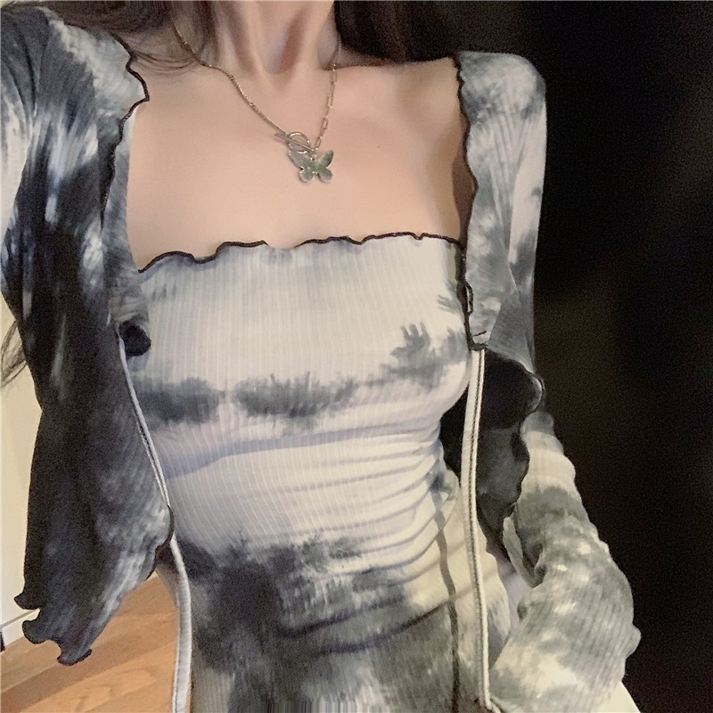 Bộ Đồ Thời Trang 2 Món Đầm Dài Đến Đầu Gối Tay Dài Phối Áo Khoác Nhuộm Màu Thời Trang Cho Phụ Nữ