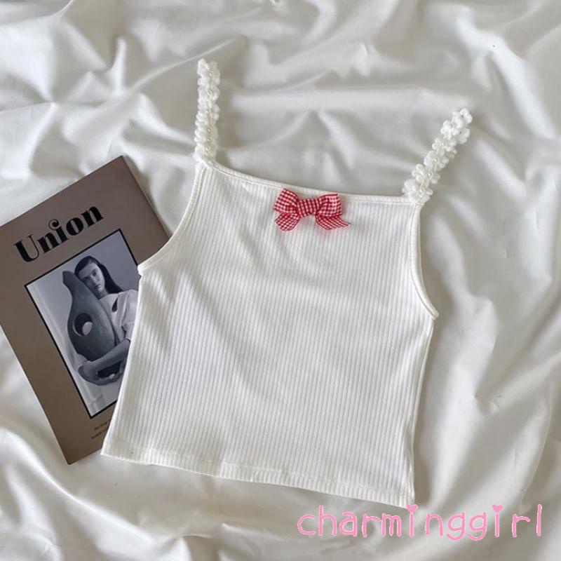 CHM-Ladies´s Vest Plaid Bow Decoration Lace Camisole Knitted Bottoming Shirt Sleeveless Tops