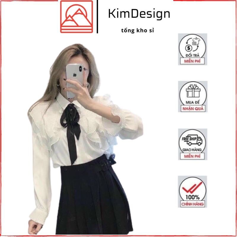 Áo sơ mi trắng Kimdesign, Áo nữ tay dài xếp bèo nơ đen freesize QATE A4