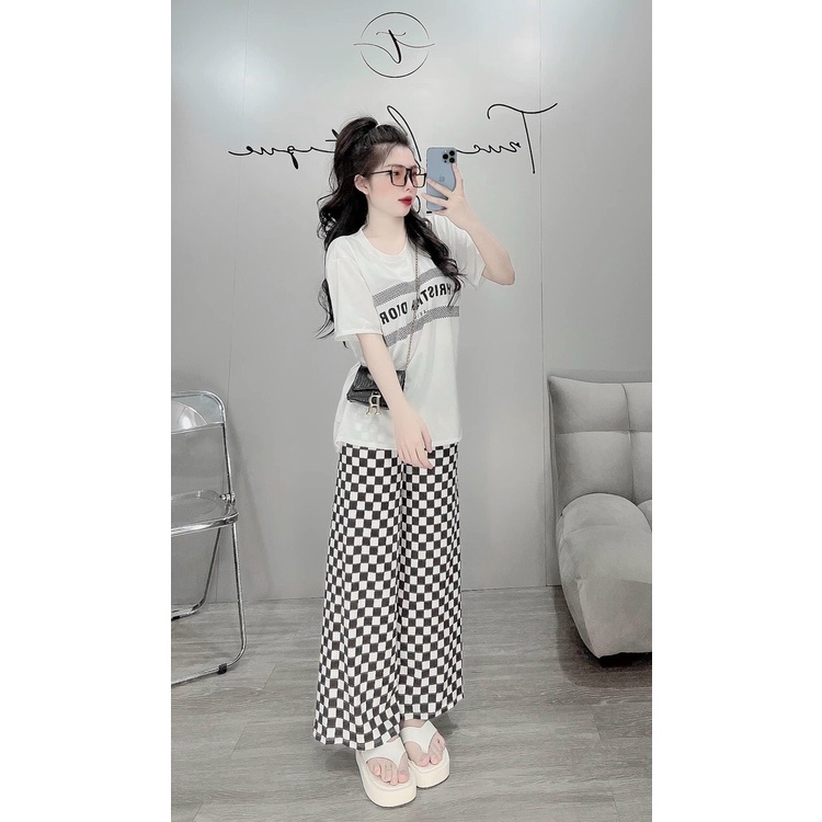 sét bộ thun diro quần sọc caro phối áo cổ tròn ngắn tay