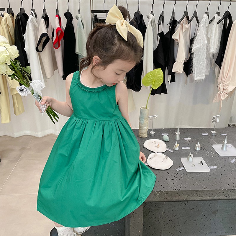 Đầm Công Chúa Không Tay Cổ Tròn Phong Cách Hàn Quốc Thời Trang Mùa Hè Cho Bé Gái