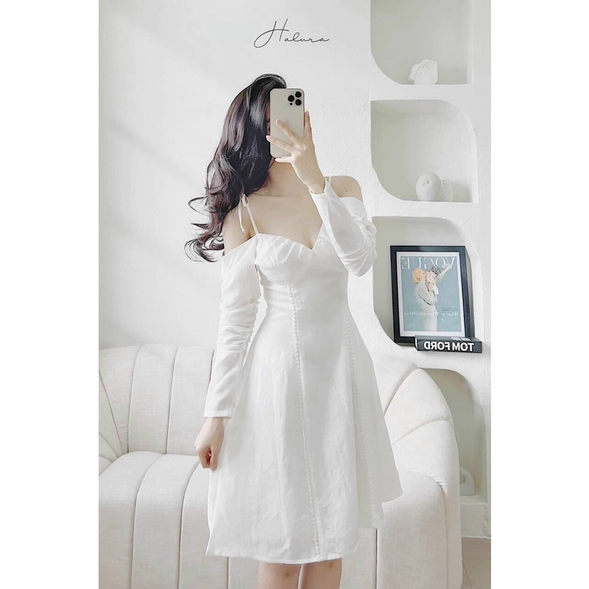 Đầm nữ đi tiệc,thiết kế trễ vai tay dài rút dây sang chảnh,chất kate lụa 2 lớp hàng chuẩn shop lên from cực xinh